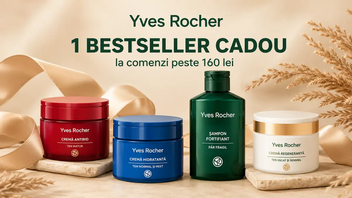 Promo Yves Rocher cu patru produse bestseller și mesajul „1 Bestseller cadou la comenzi peste 160 lei”.