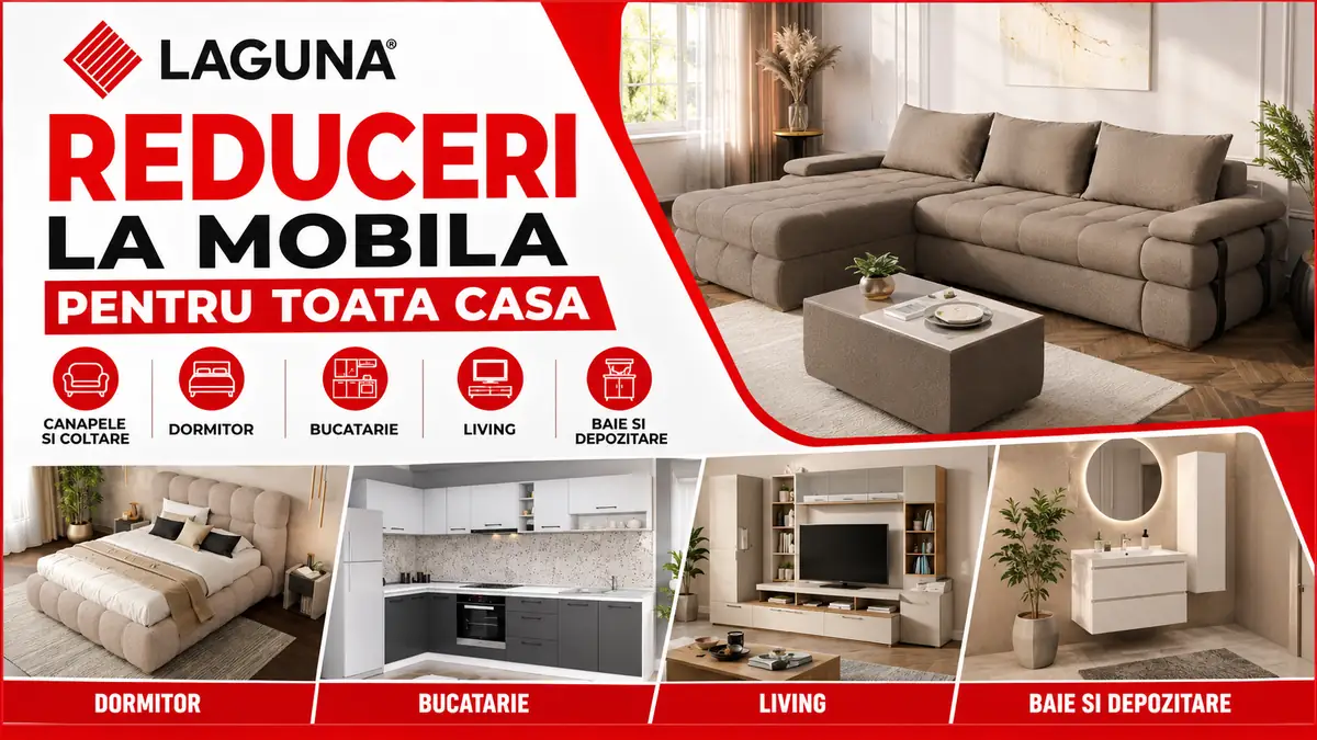 Reduceri Mobila Laguna la canapele, dormitor, bucătărie, living și mobilier pentru baie.