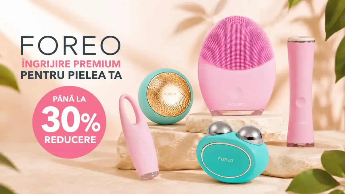 Produse FOREO pentru îngrijirea pielii, în nuanțe roz și turcoaz, prezentate într-o ofertă cu până la 30% reducere.