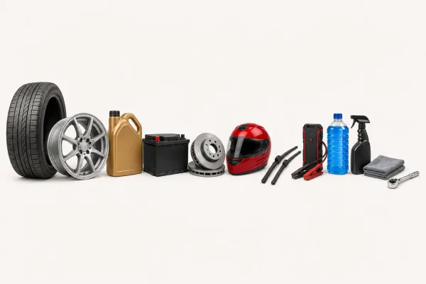 Produse și accesorii auto-moto — anvelopă, jantă, ulei de motor, baterie, discuri de frână, cască moto, ștergătoare, jump starter, soluții de curățare, lavetă și cheie tubulară pe fundal crem deschis.