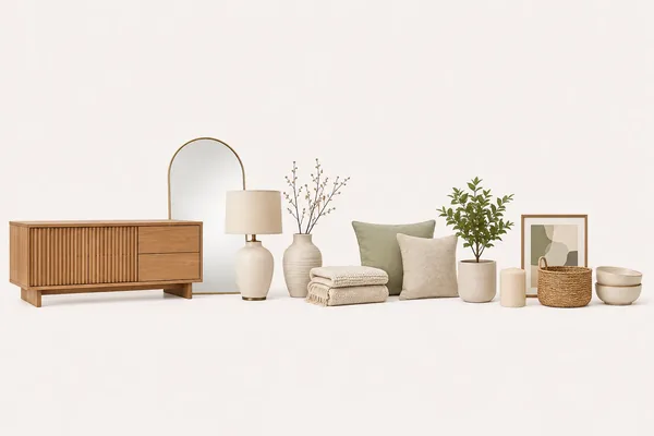 Mobilier și decorațiuni pentru casă — comodă din lemn, oglindă, lampă, vază, pături, perne, plantă, lumânare, coș și boluri ceramice pe fundal crem deschis.