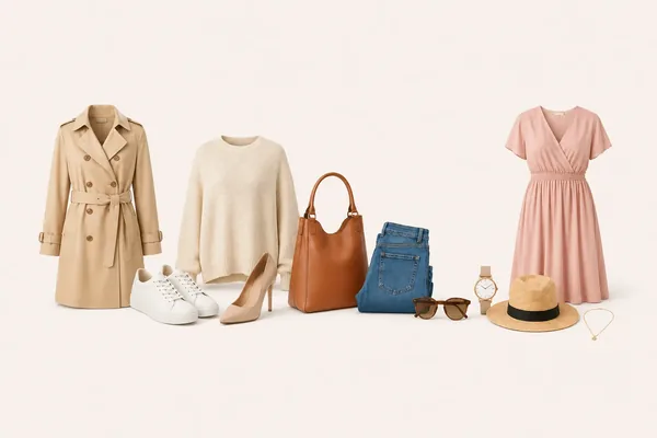 Îmbrăcăminte și accesorii — trench bej, pulover crem, rochie roz, pantofi, geantă, blugi, ochelari, ceas, pălărie și colier pe fundal crem deschis.