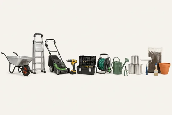 Unelte și produse pentru grădină și bricolaj — roabă, scară, mașină de tuns iarba, bormașină, trusă de scule, furtun, stropitoare, foarfecă, vopsea, trafalet, pensulă, pământ și ghiveci.