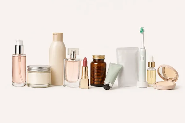 Gamă de produse pentru sănătate și frumusețe, cu cosmetice, parfum, suplimente și periuță electrică, fotografiate pe fundal crem deschis.
